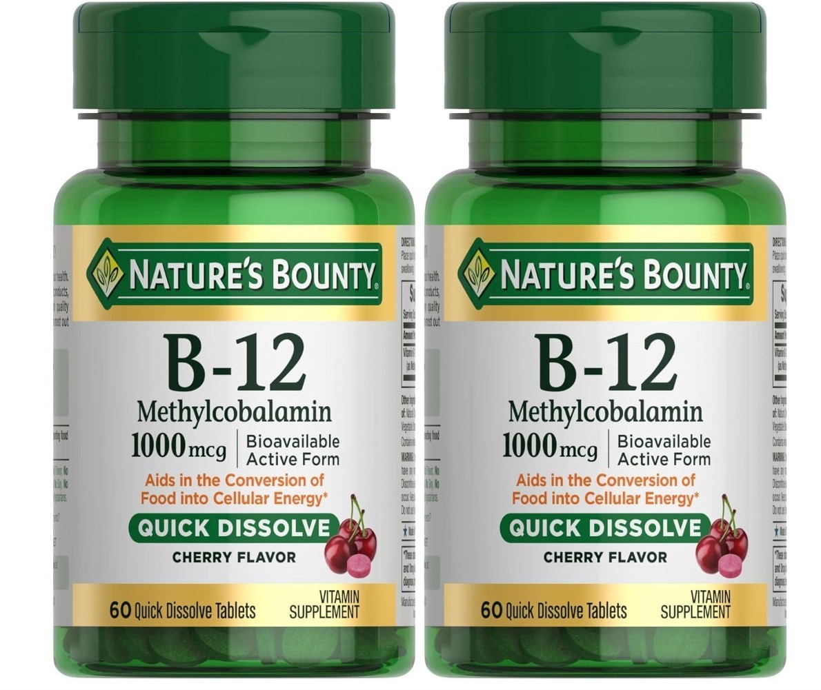 2 Pack Nature’s Bounty B12 1000mcg 60ct (Total 120 ct) Cherry Flavor Exp 03/2028