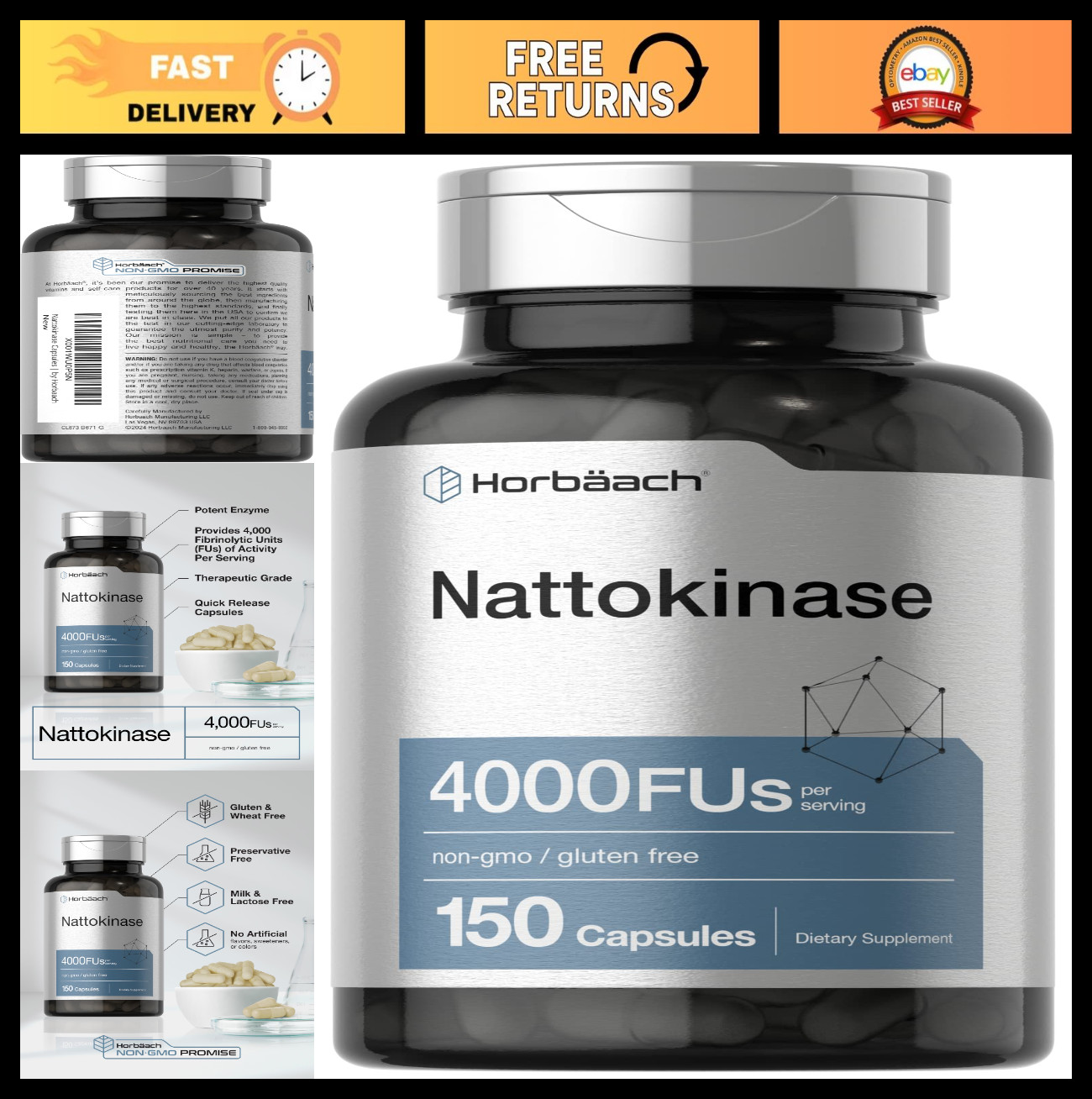 Nattokinase 4000 FU Supplement | 150 Non-GMO Gluten-Free Capsules for Heart Heal