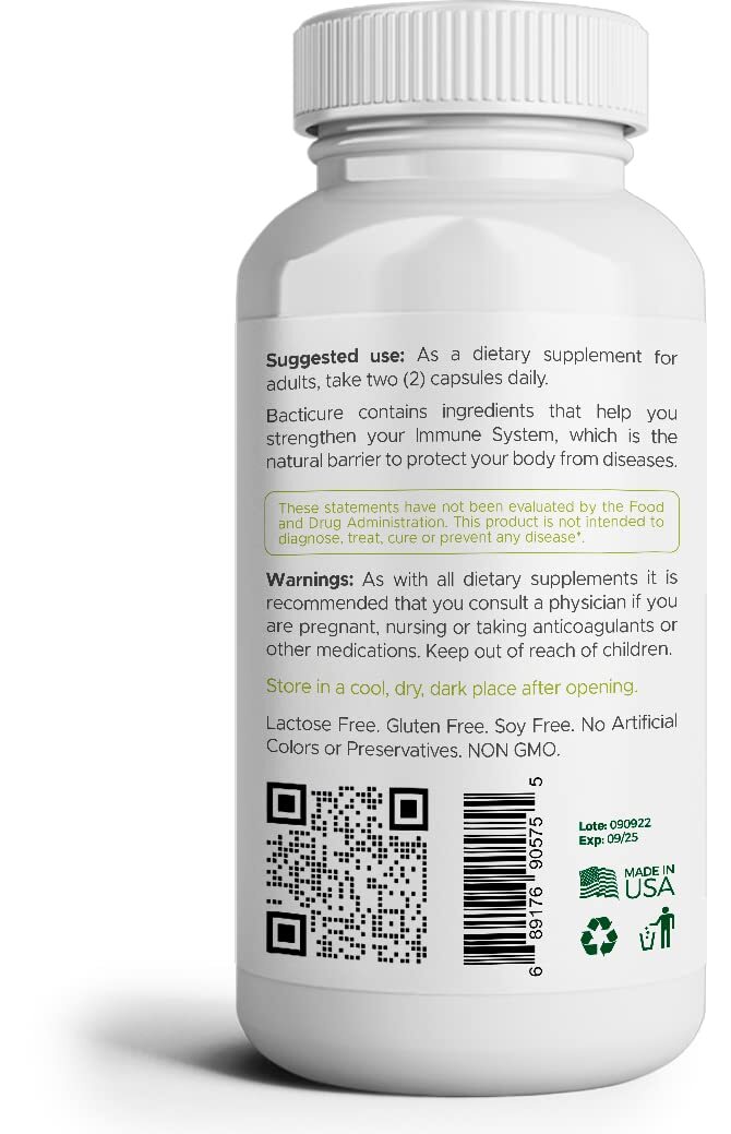 Bacticure, Natural Product, Set of 3 Bottles, Total per Bottle 60 Capsules, Immu
