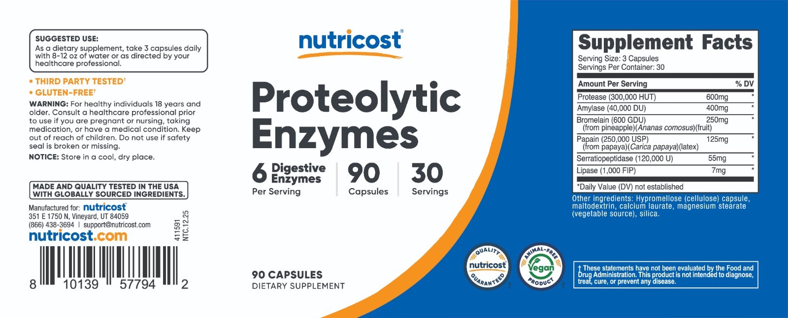 Nutricost Proteolytic Enzymes (6 Digestive Enzymes) 90 Capsules – 30 Servings