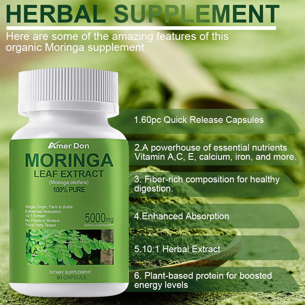 Moringa Capsules 5000mg – Pure Moringa Powder for Immune Gut health 60 Capsules