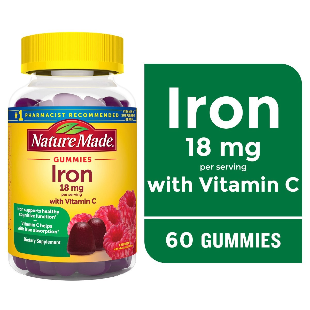 Nature Made Iron Supplement 18mg Per Serving – Raspberry Flavored – 60ct