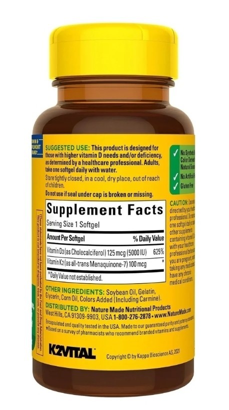 Nature Made Vitamin D3 K2 Supplement, 5000 IU (125 mcg) 30 Count (Pack of 1)