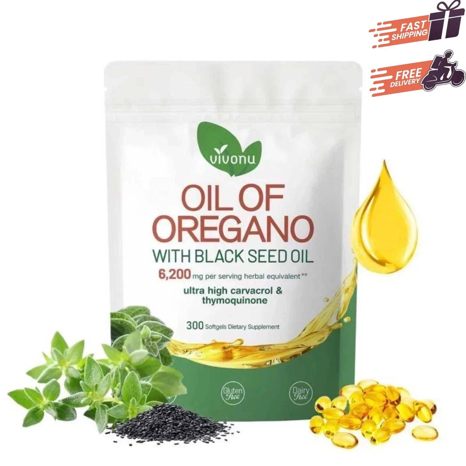Oil of Oregano Softgels w/ Black Seed – 6000mg High Potency – 300 Count New