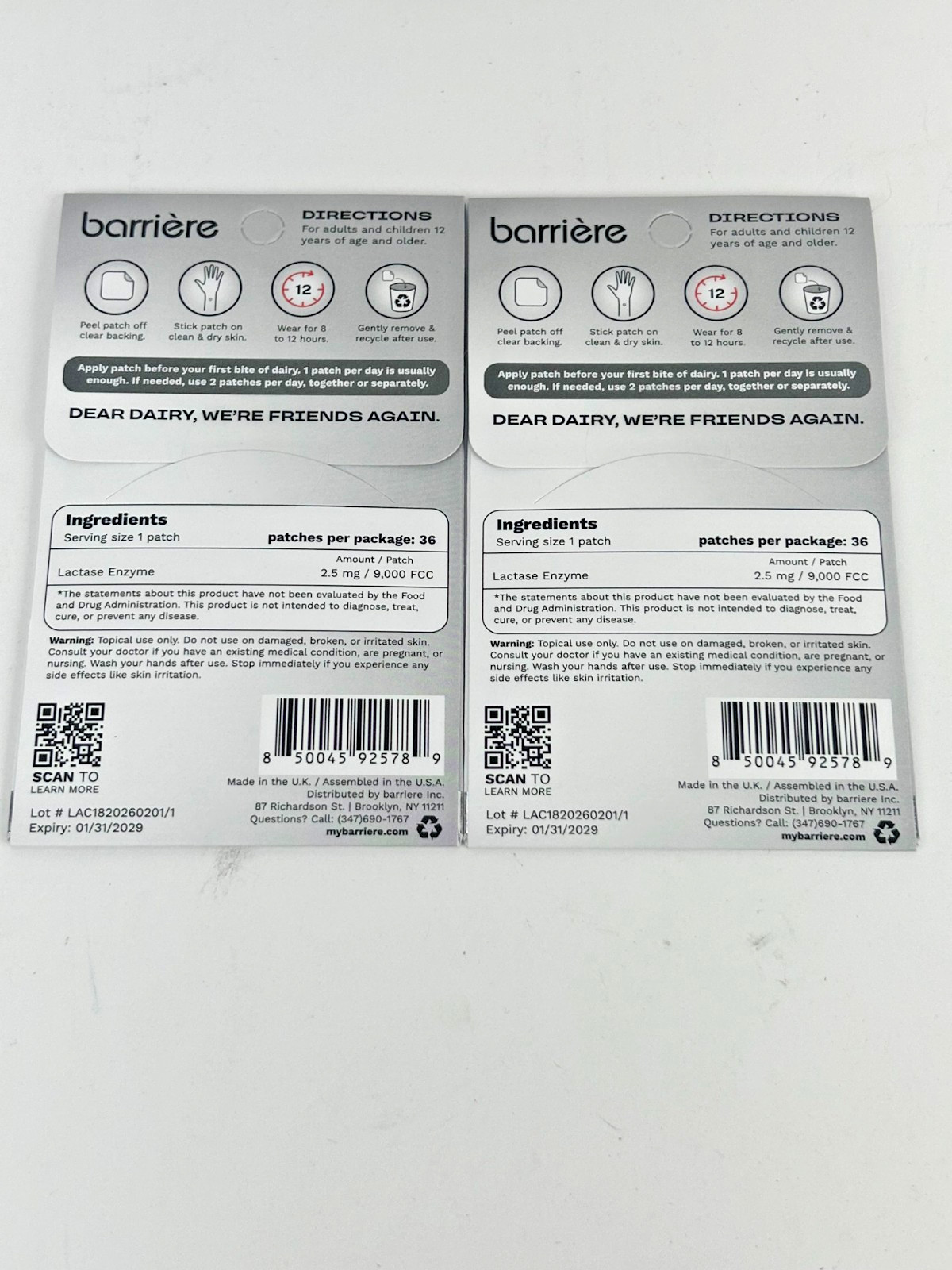 (2) BARRIERE Dear Dairy Lactose Relief Patch 72 Total Patches Exp. 01/2029