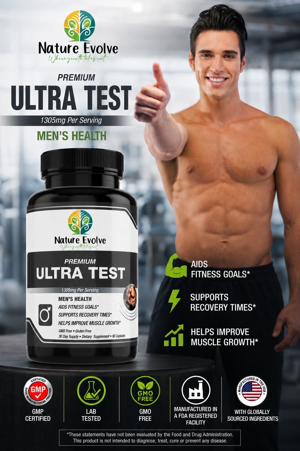 Nature Evolve Premium Ultra Test Men’s Health Support 1305mg Made In USA