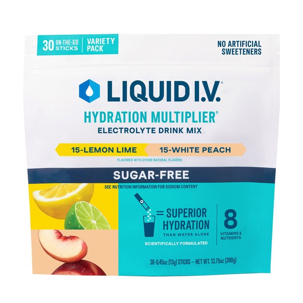 Liquid IV Hydration Multiplier, Sugar-Free Lemon Lime/White Peach 30CT EXP 10/27