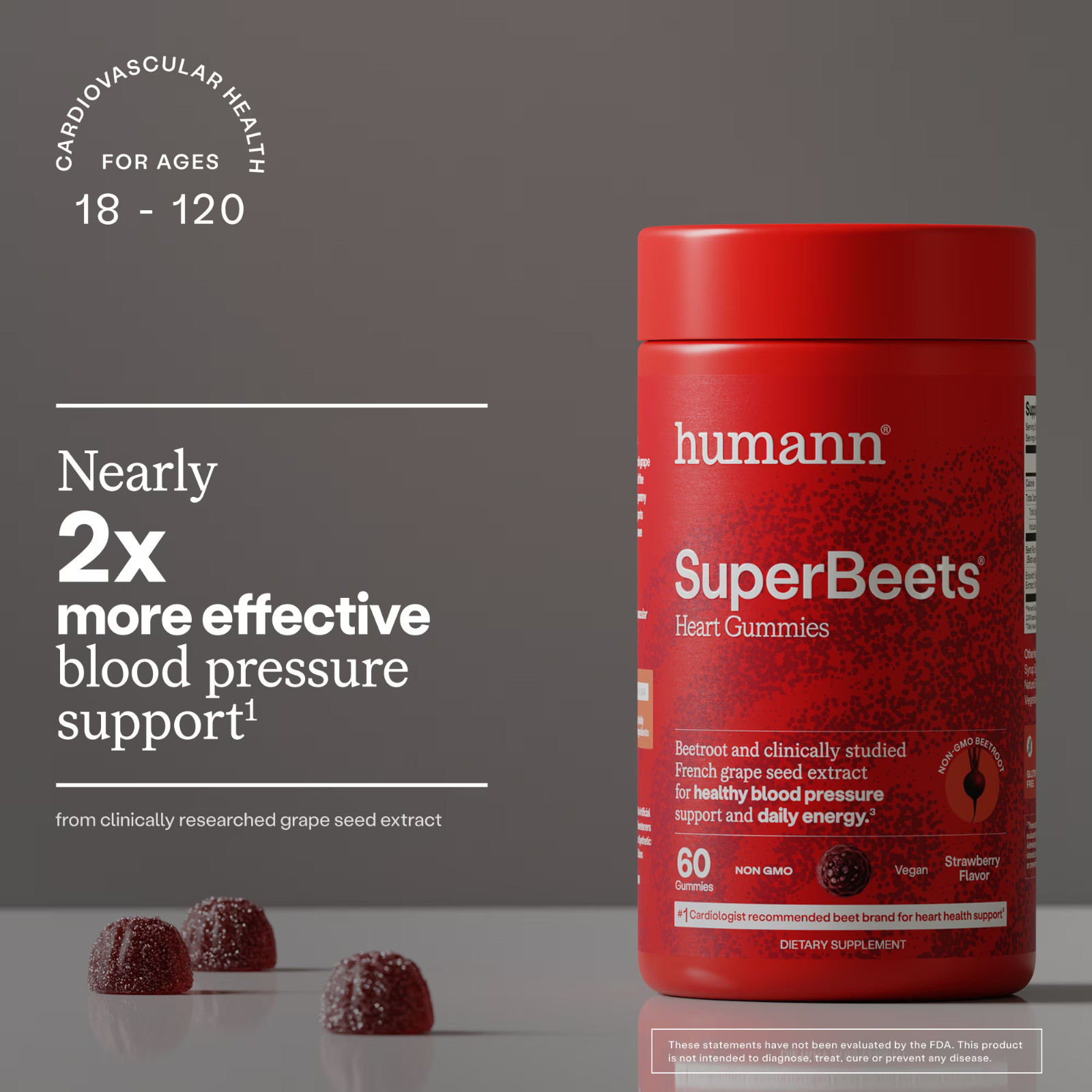 Humann SuperBeets Strawberry Heart Gummies Beetroot Grape Seed 60ct FREE SHIP