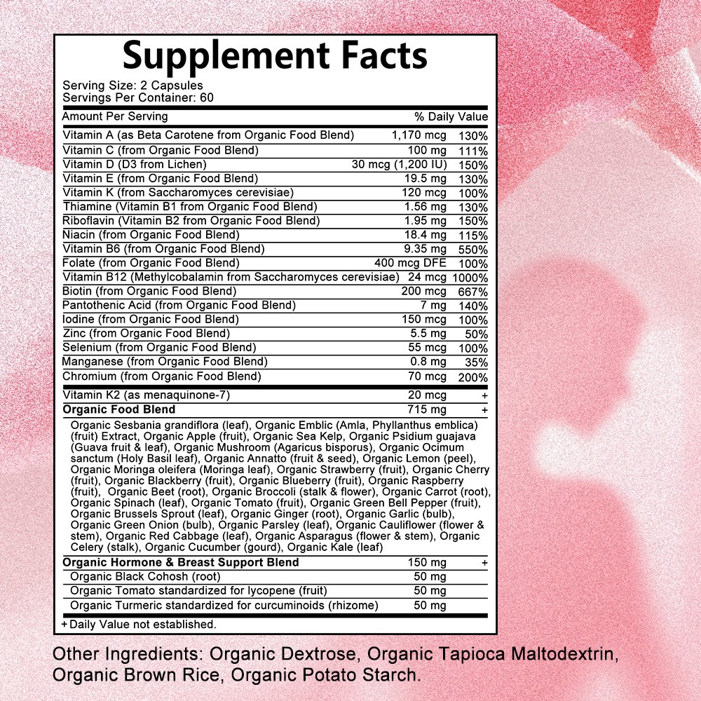 Organic Multivitamins For Women,Whole Food,Daily Vitamin Supplement,120 Capsules