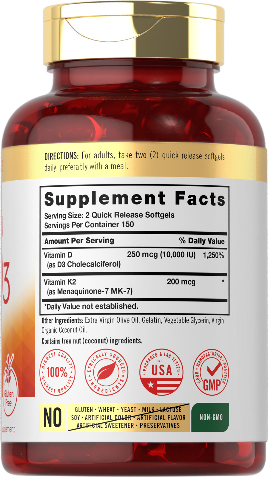 Vitamin K2 D3 Supplement | 300 Softgels | 200mcg K2 MK7 & 250mcg D3 | by Carlyle