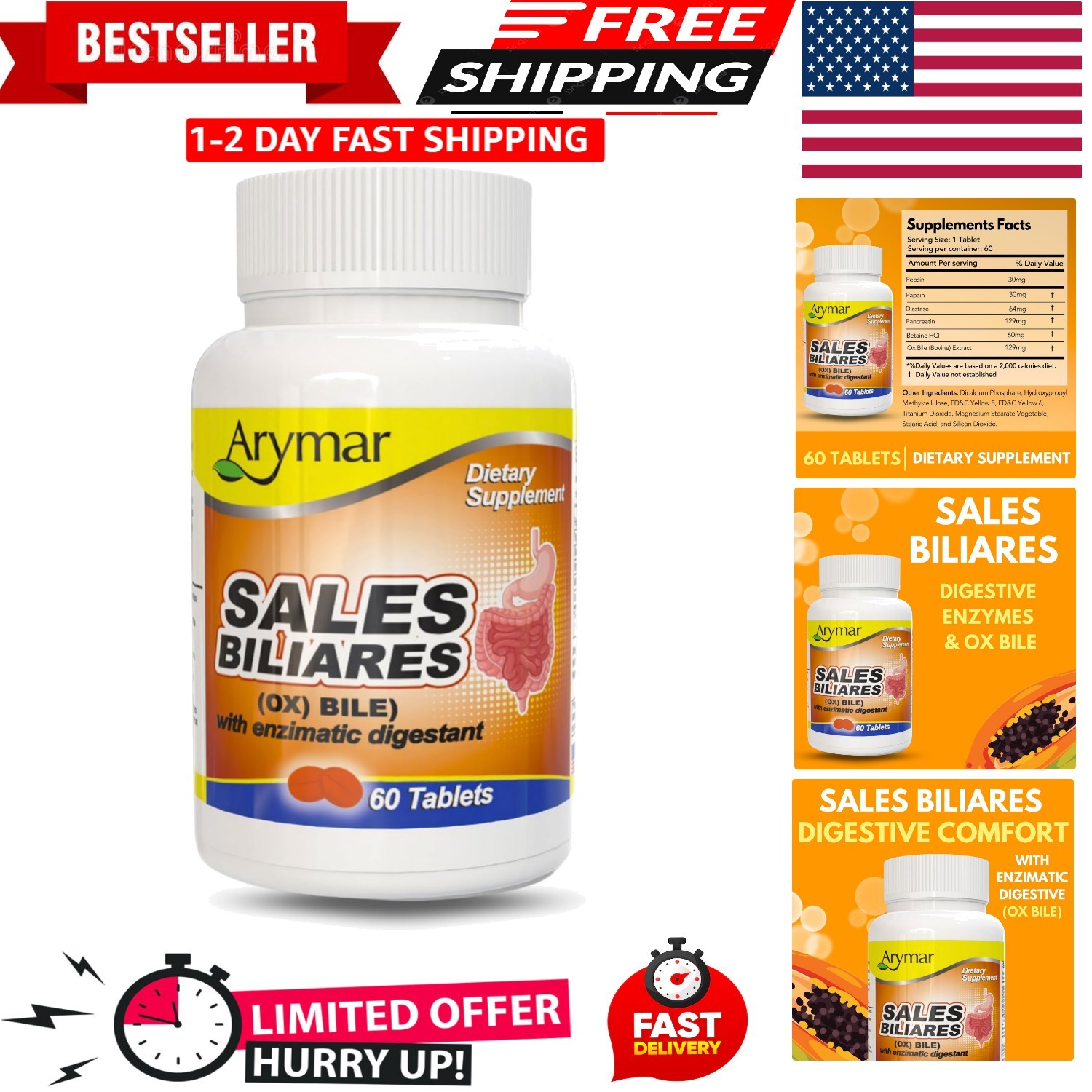 Sales Biliares Ox Bile with Digestive Enzymes, 60 Natural Tablets for Gut Health