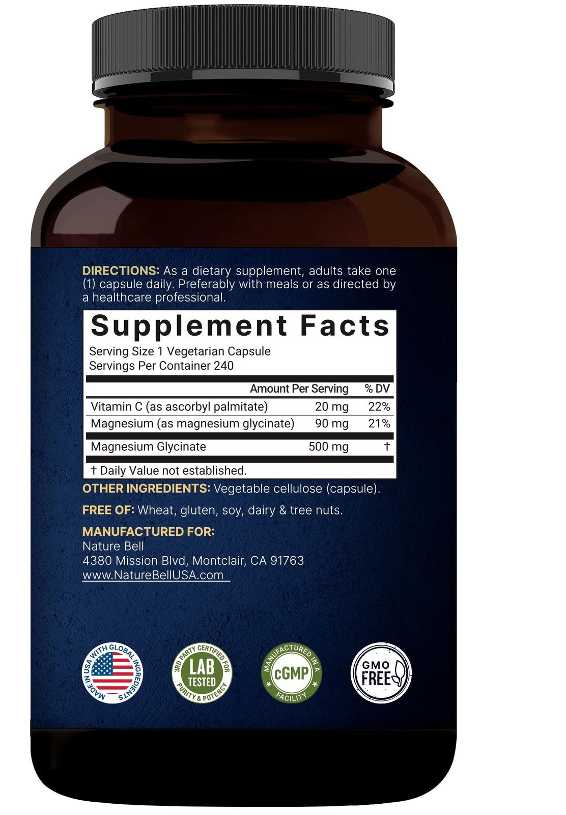 Naturebell Pure Magnesium Glycinate 500mg, 240 Veggie 240 Count (Pack of 1)