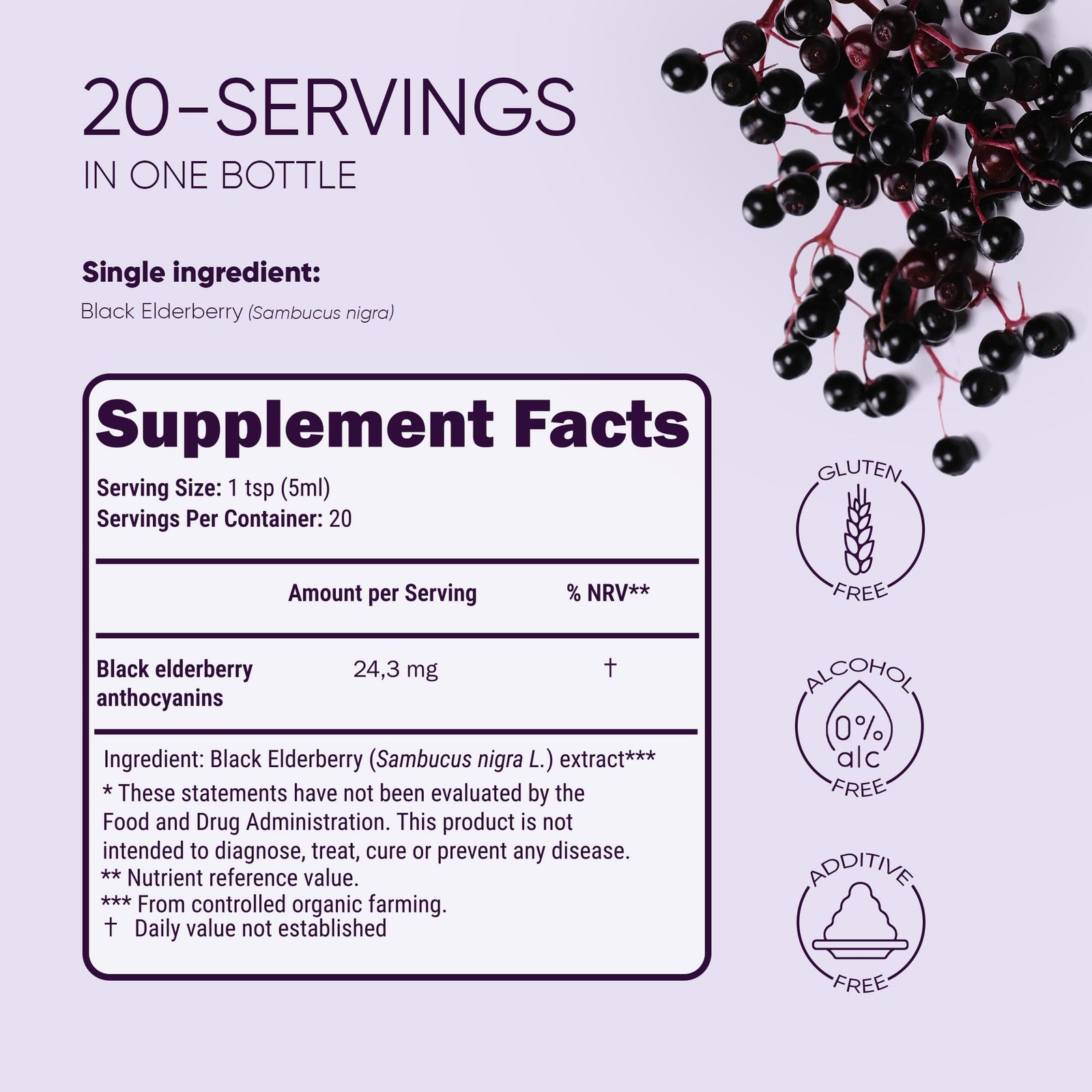 Organic Elderberry Syrup USDA Certified 3.4 fl oz Bottle Liquid Sambucus