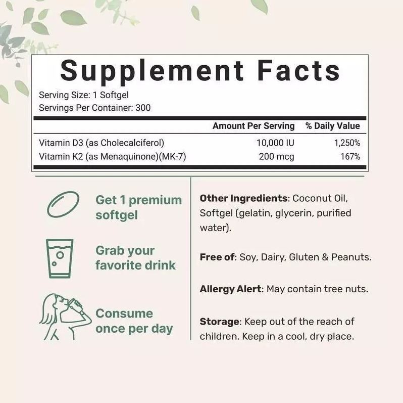 Vitamin D3 10000 iu Plus K2 (MK-7) 200 mcg, 300 Virgin Coconut Oil Softgels