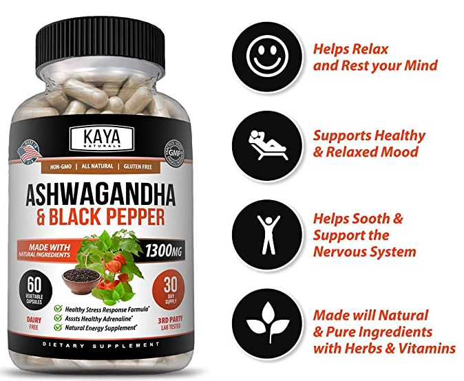 Organic Ashwagandha Capsules 1300mg Supplement w/ Black Pepper Root Powder