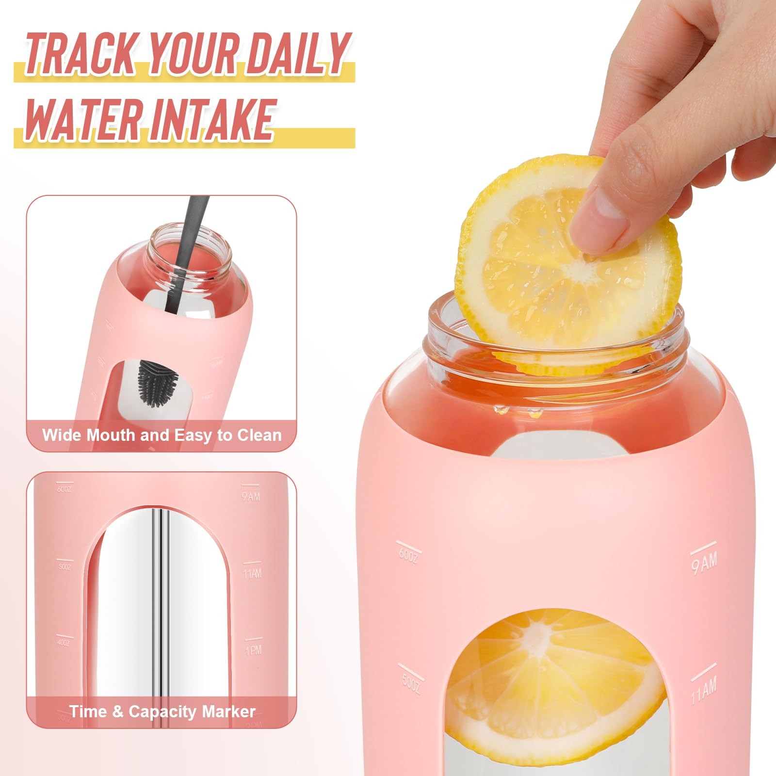 FULBEVY Glass Water Bottles 64 oz – Half Gallon Large 64 Ounces, Pink
