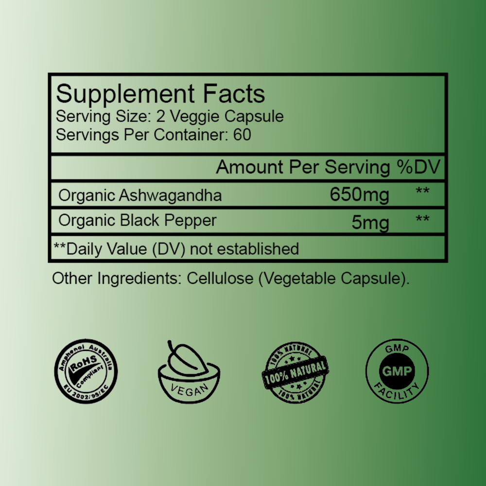 Organic Ashwagandha Capsules 1300mg Supplement w/ Black Pepper Root Powder 120Pc