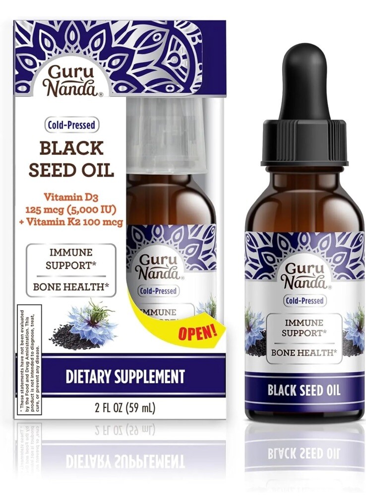 GuruNanda Cold Pressed Black Seed Oil with Vitamin D3 & K2 – Supports Immune