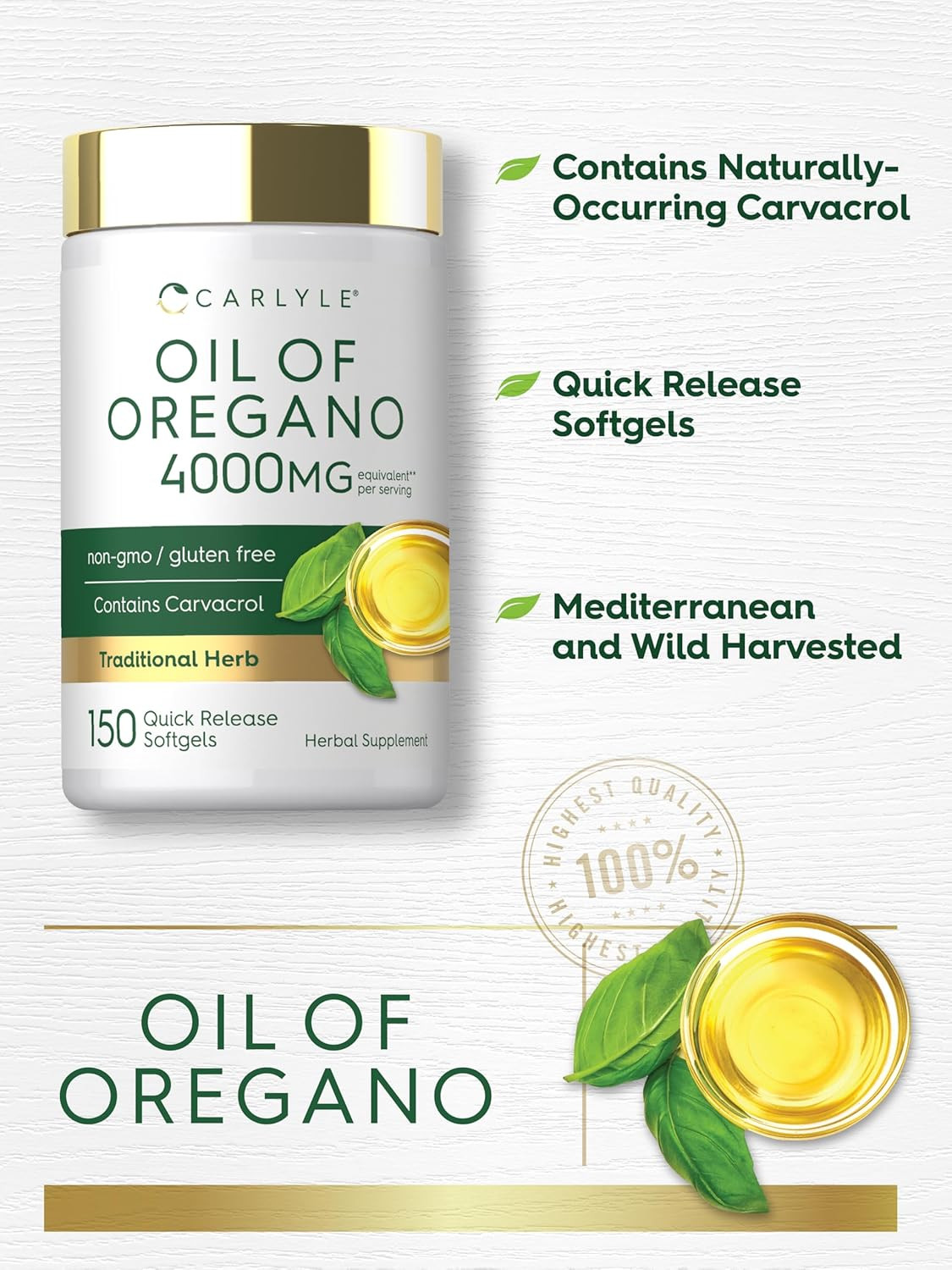 Carlyle Oregano Oil Supplement 150 Softgel Caps Contains Carvacrol EXP:12/28