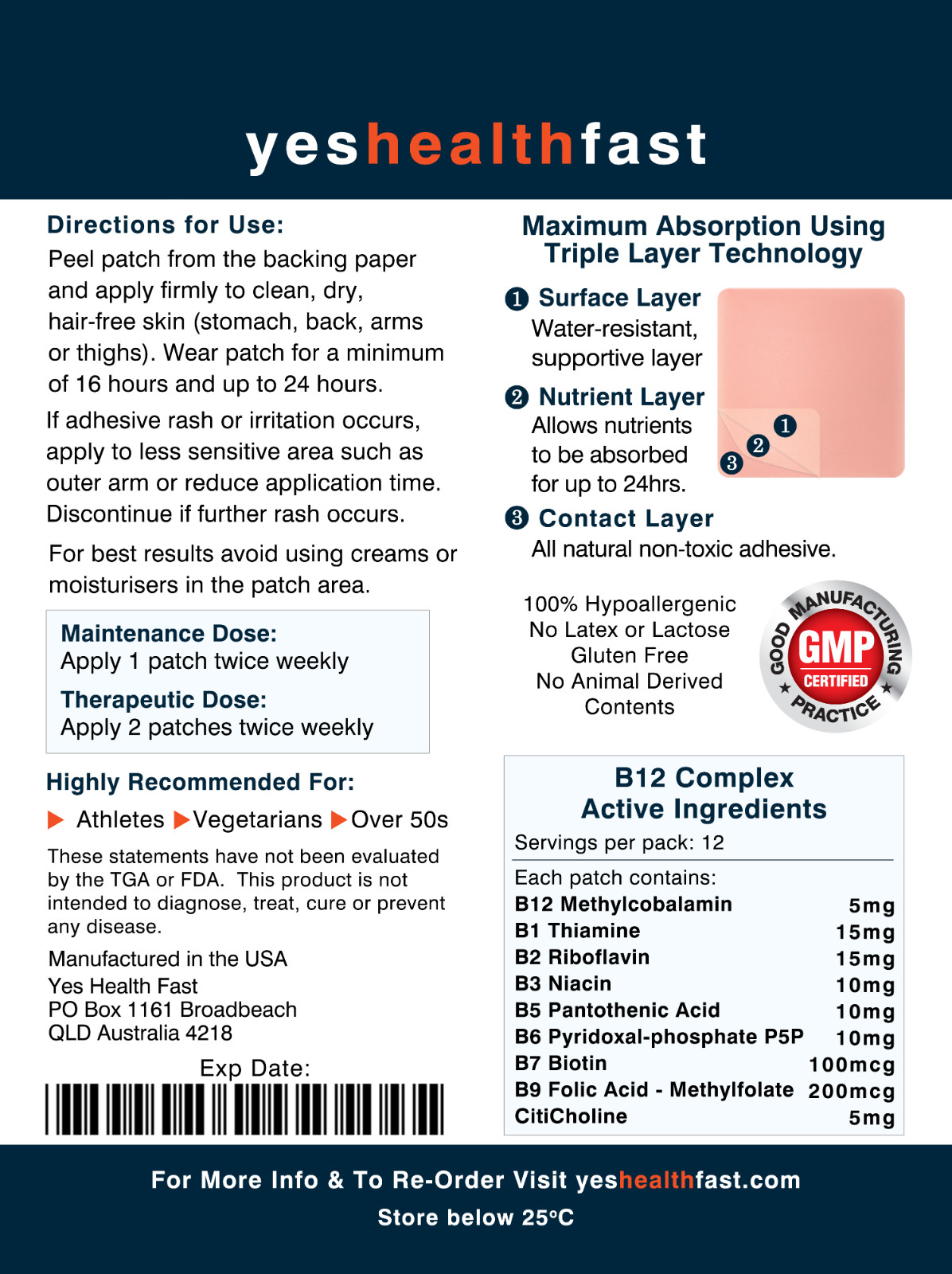 Vitamin B12 (Methyl) + B Complex Patches – Skin Absorption Ultra Strength