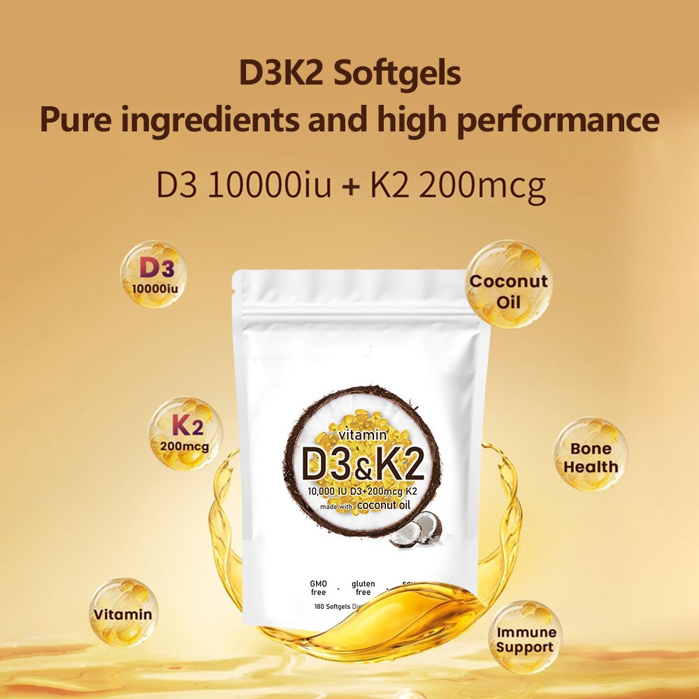 1 in 2 Vitamin D3 K2 Supplement Softgels 180 capsules 10000 IU VIT D3+K2 200 MCG