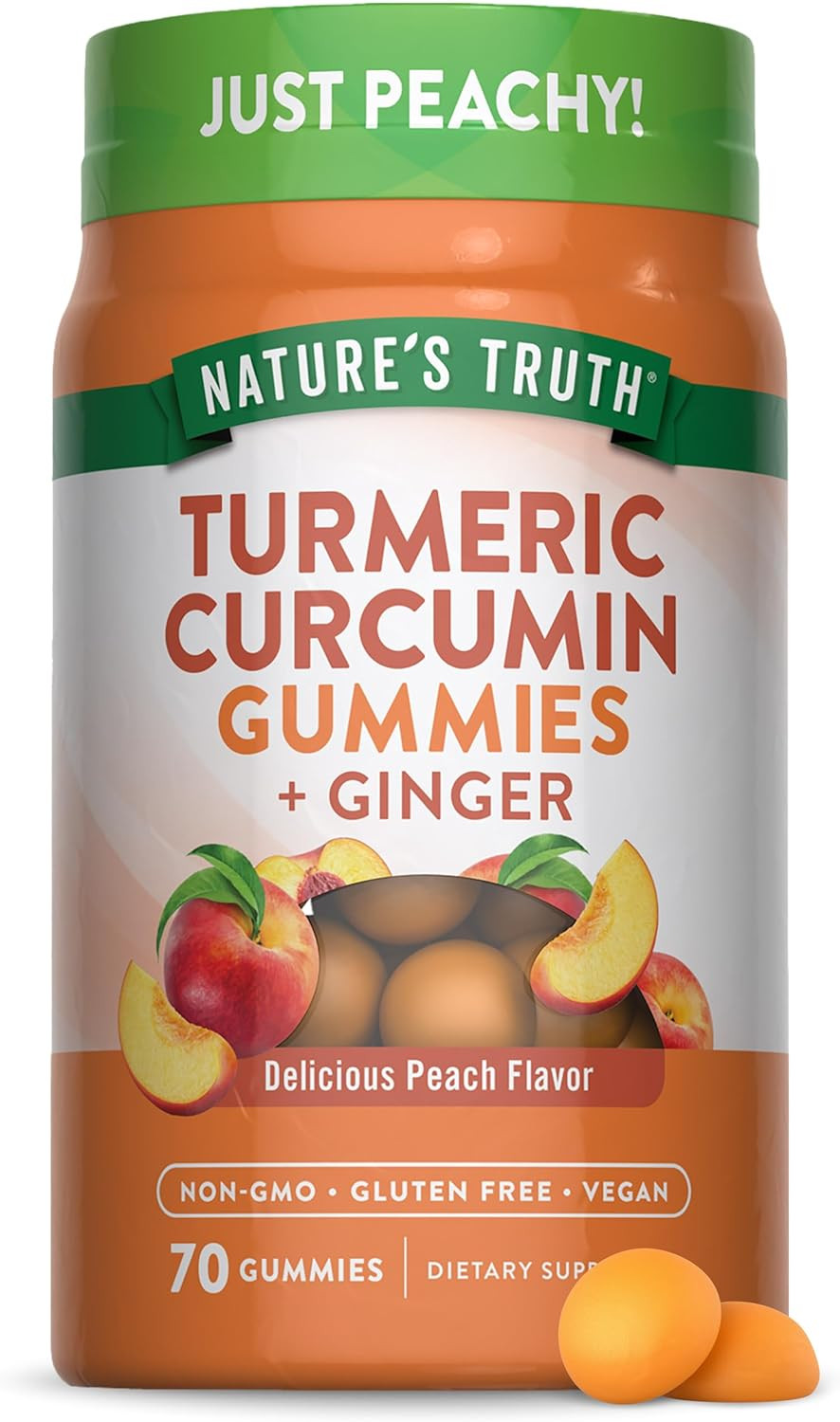 Turmeric and Ginger Gummies | 70 Count | Peach Flavor | Vegan, Non-Gmo, & Gluten