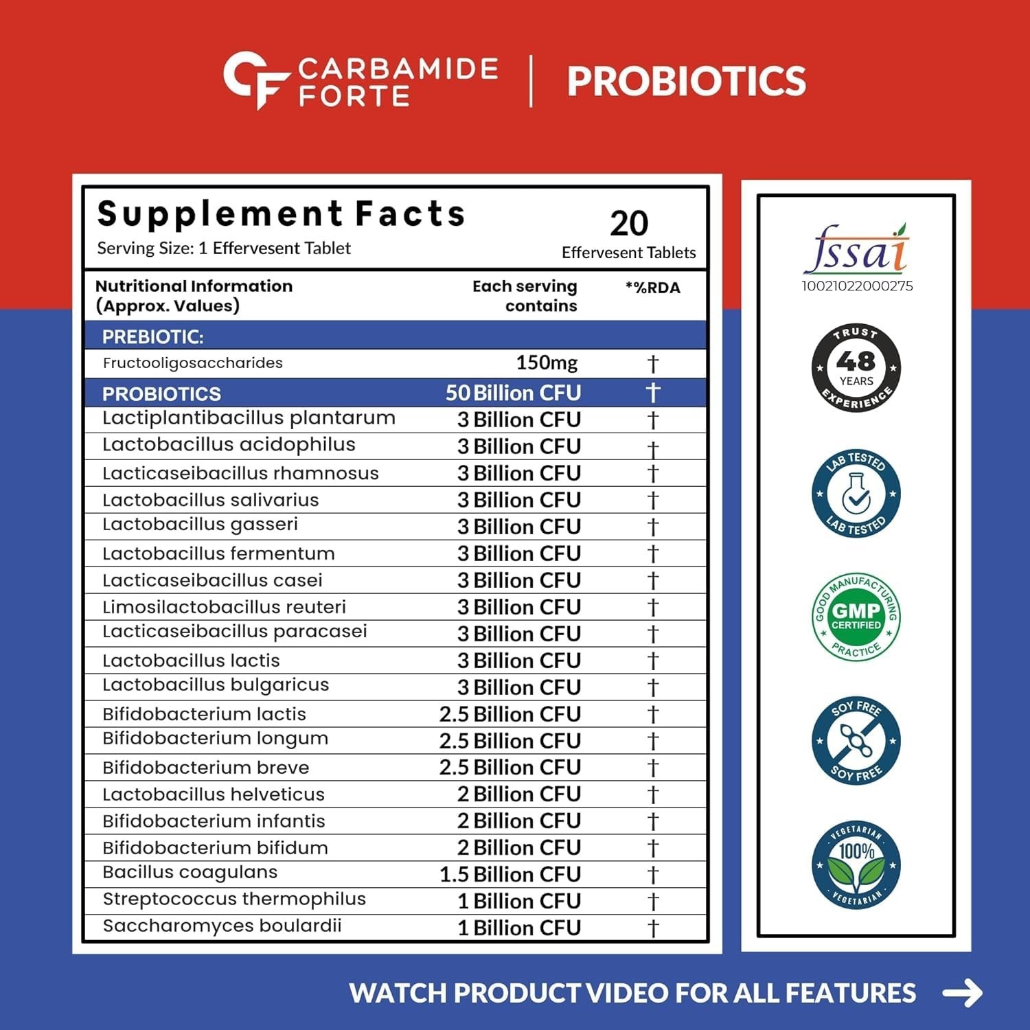 Carbamide Forte Probiotics Supplement Gut Health 20 Effervescent Tablets, 100gm