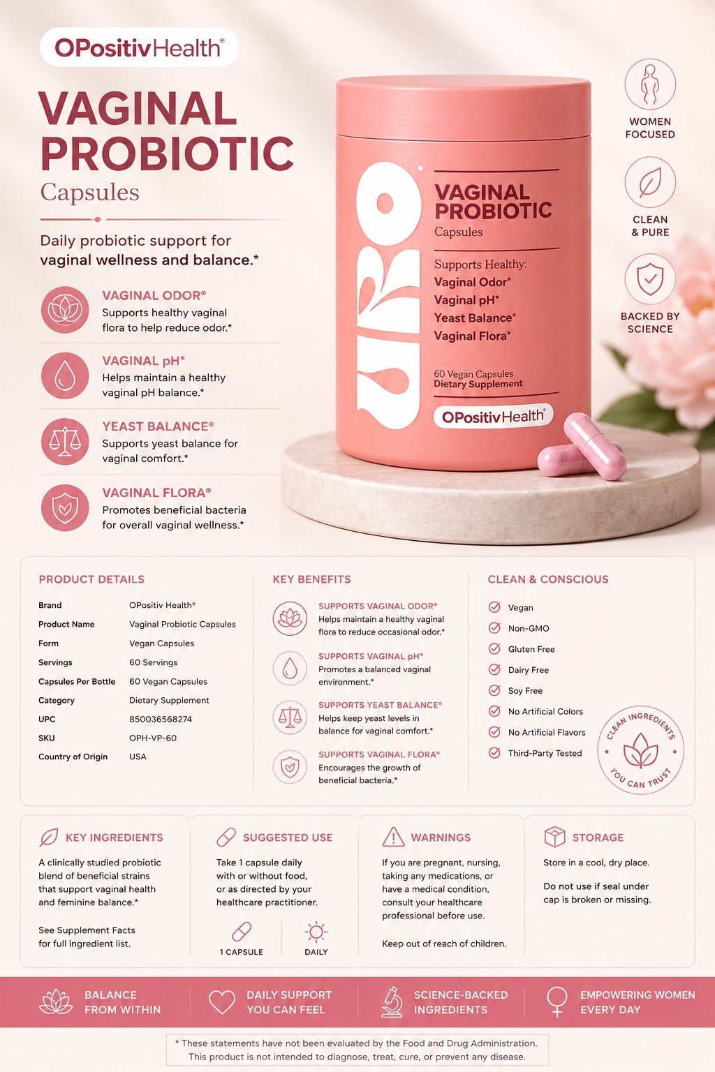 PACK 3 URO O Positiv Vaginal Probiotics for Women pH Balance Prebiotic 60 Pills