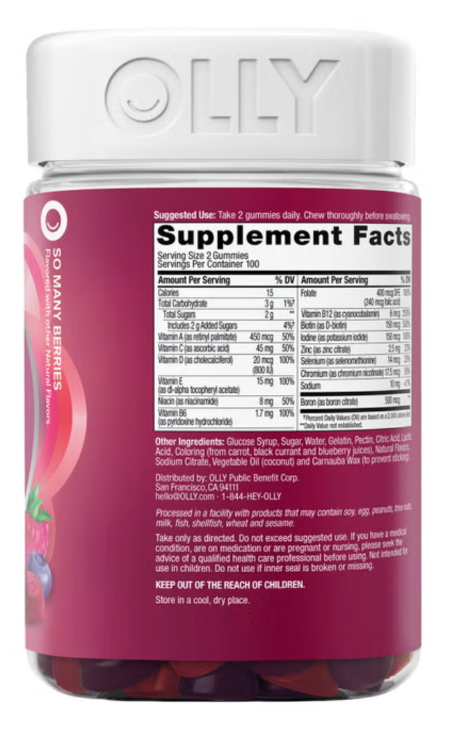 OLLY Womens Multi Vitamin Gummies 200ct A C D B Biotin Folic Acid Blissful Berry
