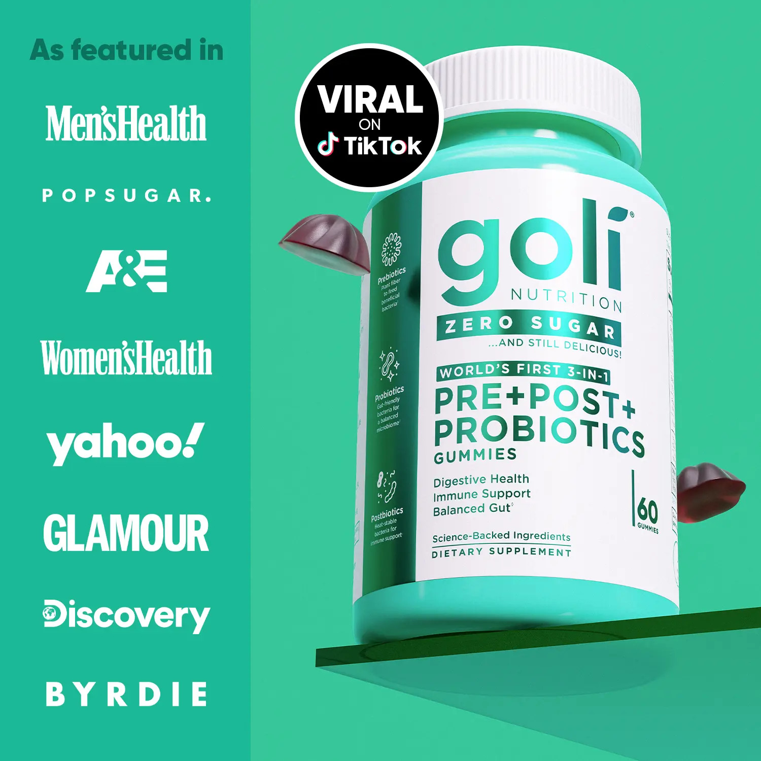 3 Bottles Sugar-Free Vegan Pre Pro Postbiotic Gummies Gluten Free 60 Count