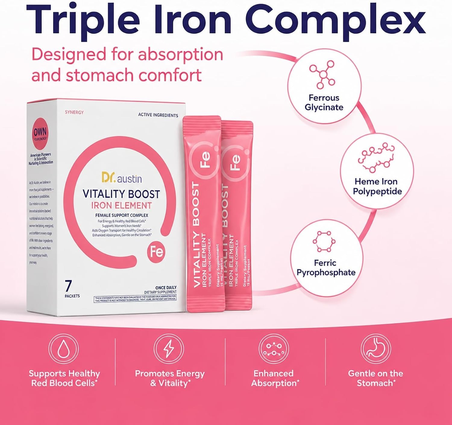 Dr. Austin Vitality Boost Iron Element with B-Vitamins & C – Gentle, High-Absorp