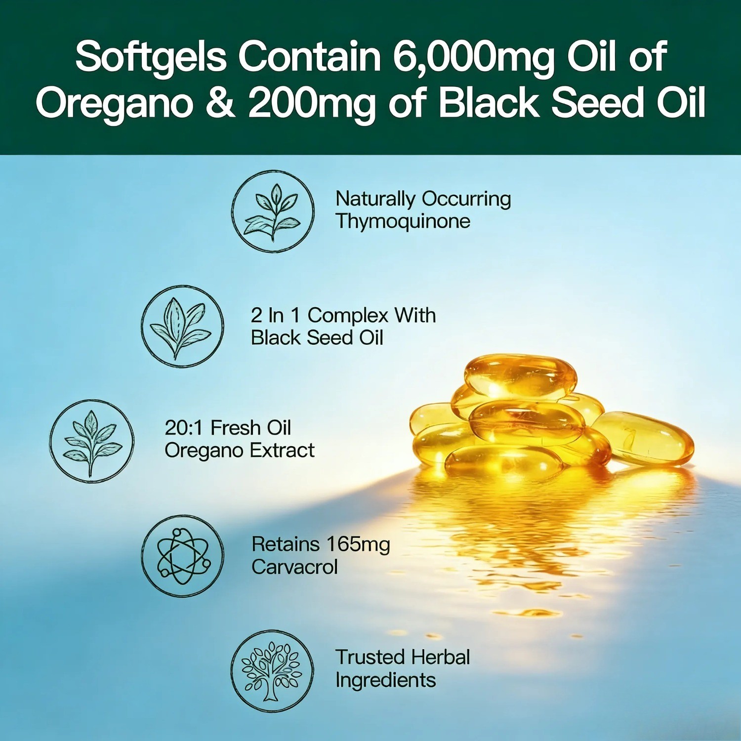 Powerful Synergy:Oregano Oil 6200mg with Black Seed Oil.Immune Boosting Capsules