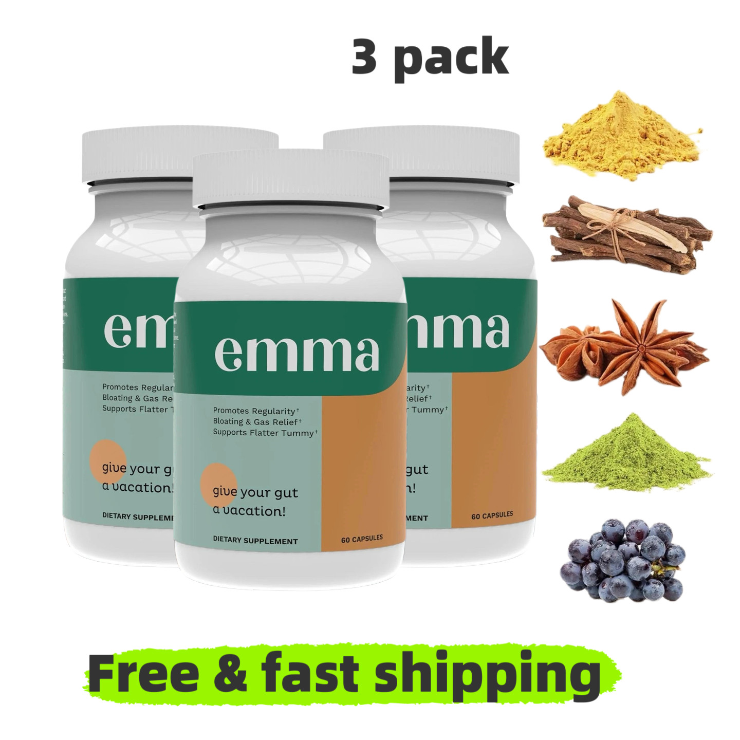 3 pack | Emma Gut Health Supplement for Gas & Bloating Relief,Leaky Gut Repair