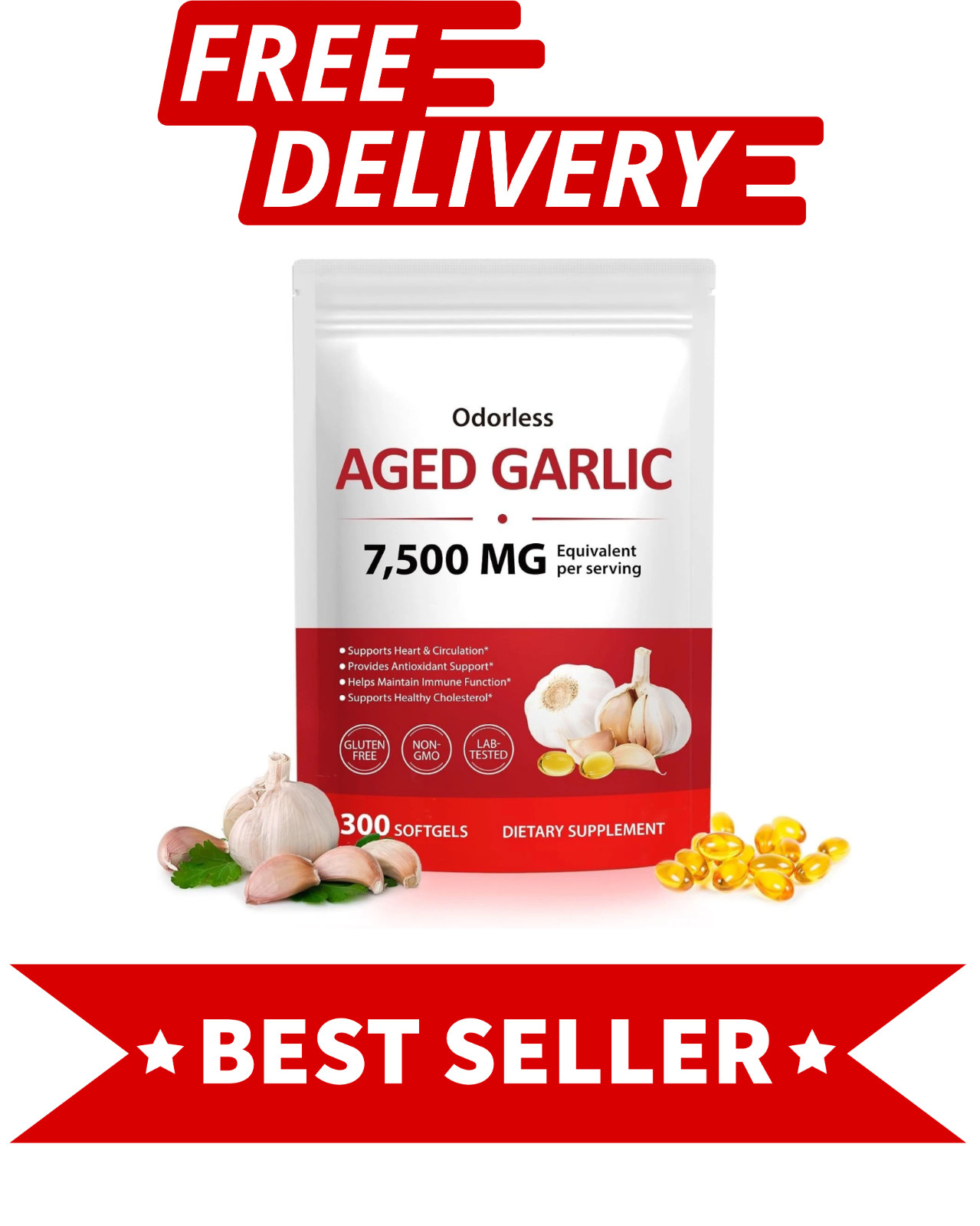 Odorless Garlic 7500Mg per Servings, 300 Softgels | 2 Years Aged Garlic Extra…