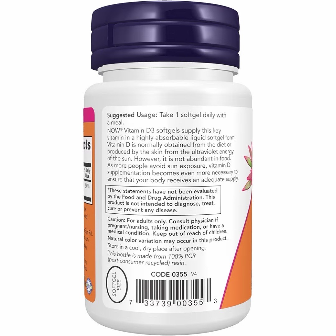 NOW Foods Vitamin D3 2000 IU High Potency Immune Support 30 Softgels