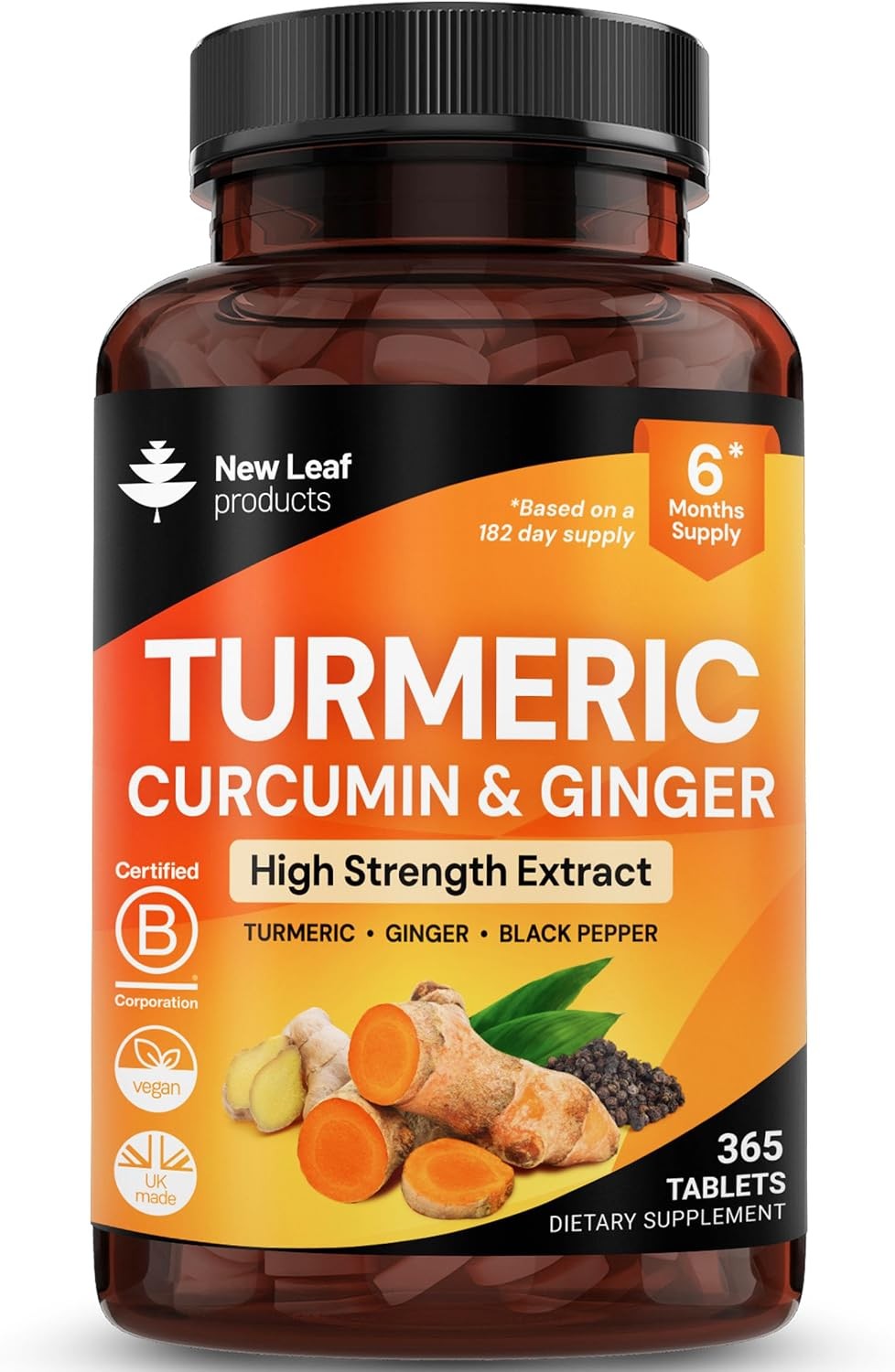 Turmeric Tablets with Black Pepper & Ginger – Curcumin – 180 Turmeric and Black