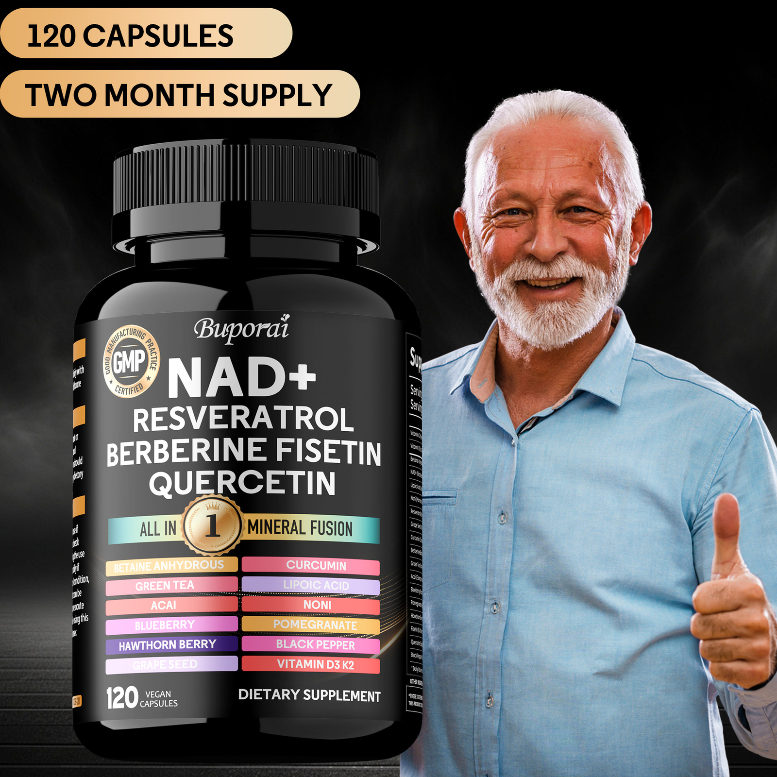 NAD+, Trans-Resveratrol, Quercetin, Berberine, Grape Seed, Hawthorn, Anti-Aging
