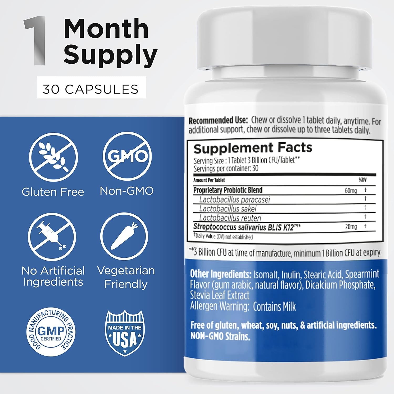 Dental Probiotic with BLIS K12 – Oral Probiotics for Oral Health with Mint Flavo