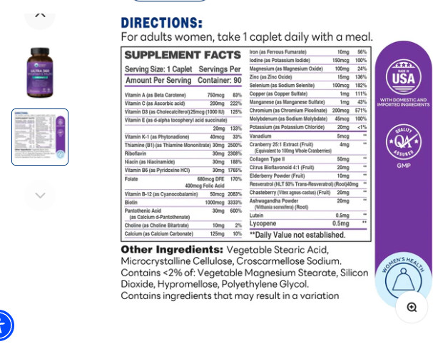 Vitamin World Ultra 360 Women’s Multi One Daily 90 caplets Exp Date 01/31/2028