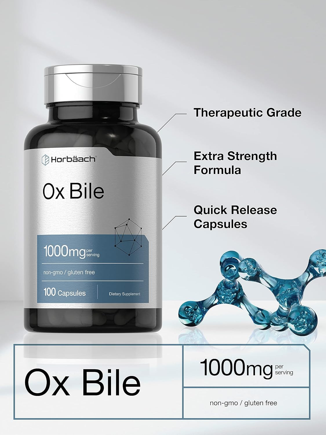 Ox Bile 1000mg | 100 Capsules | Digestive Support | Non-GMO, Gluten Free