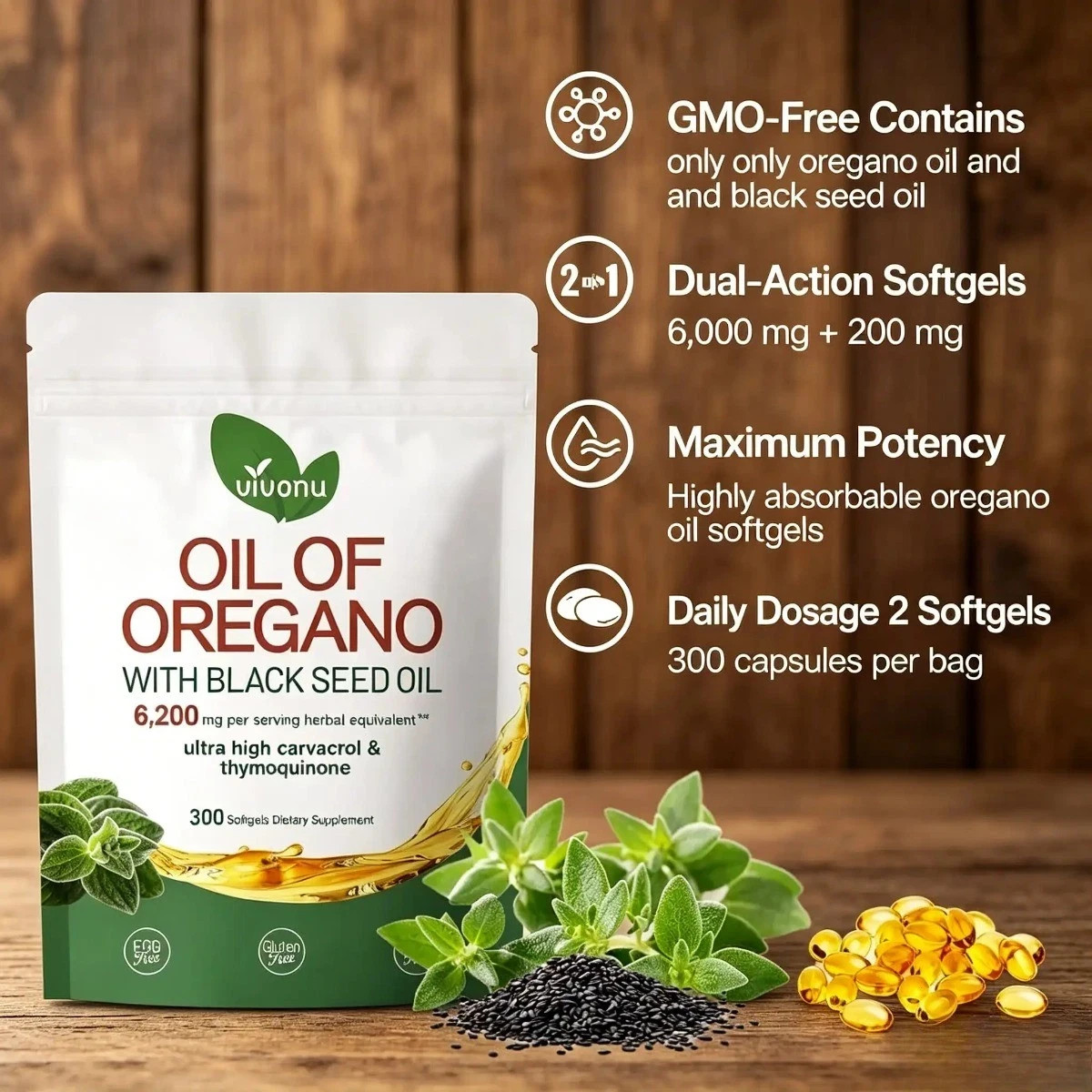 VivoNu Oregano Oil Capsules with Black Seed – Organic Softgels, High Carvacrol