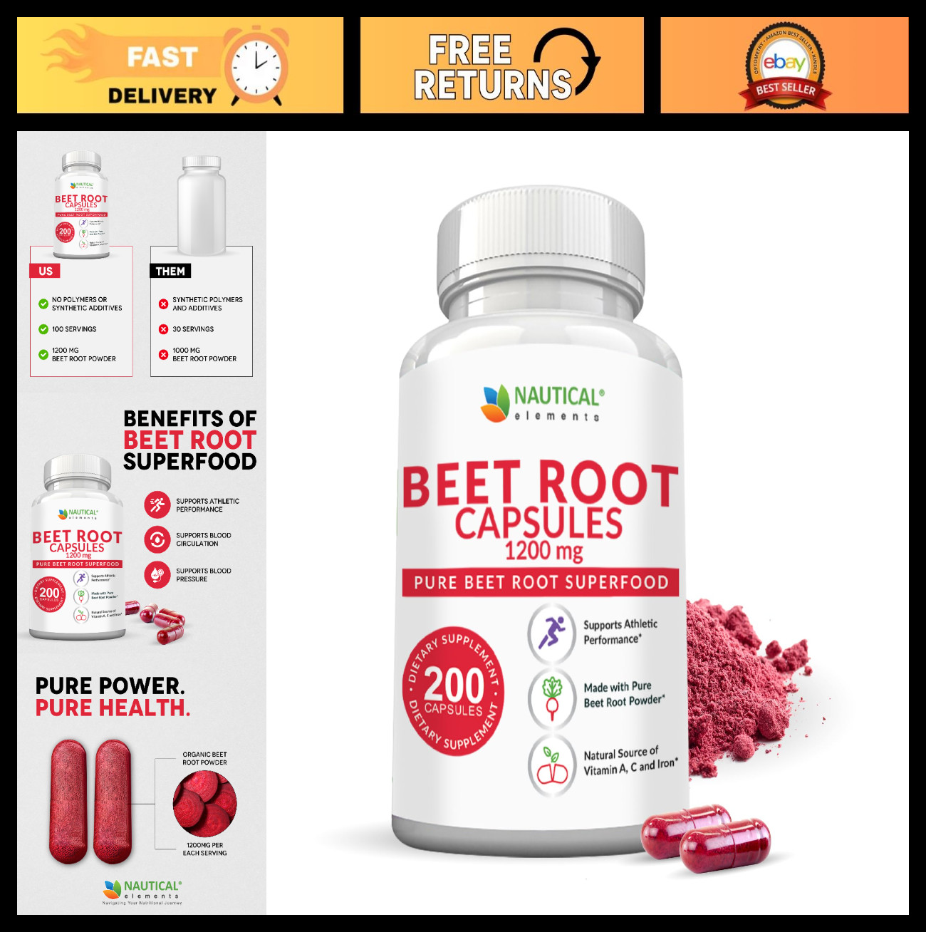 Beet Root Capsules 1200mg – 200 Count – Supports Blood Pressure, Energy & Digest