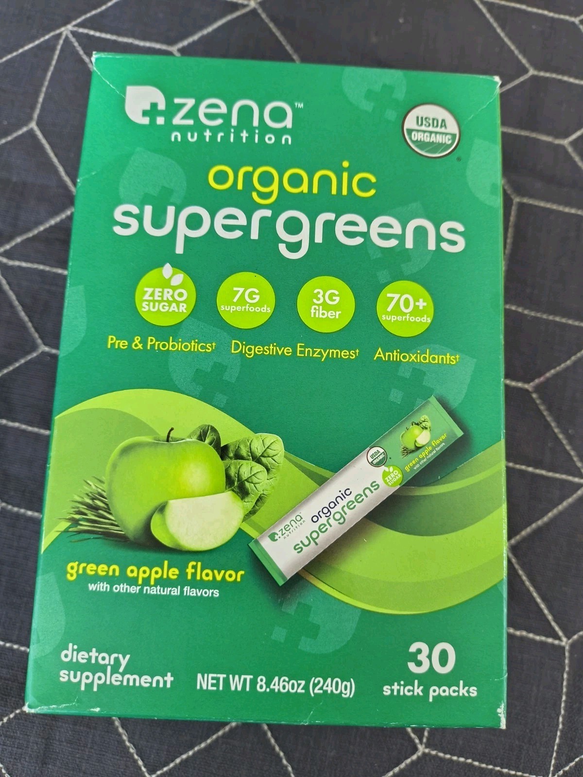Zena Nutrition Organic Supergreens 30 Stick Packs Green Apple Bb 1/31/27