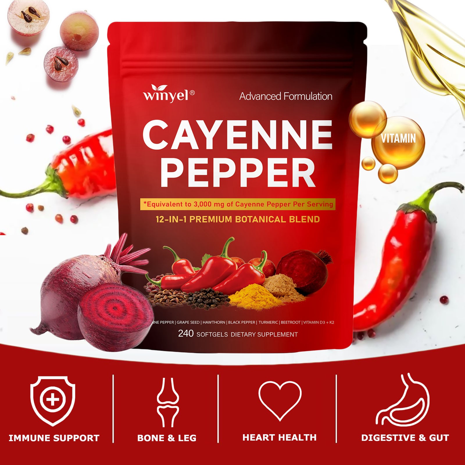 Chili Pepper Softgel Vein Heart Vascular Support Vitamins C D3 K2 Grape Seed