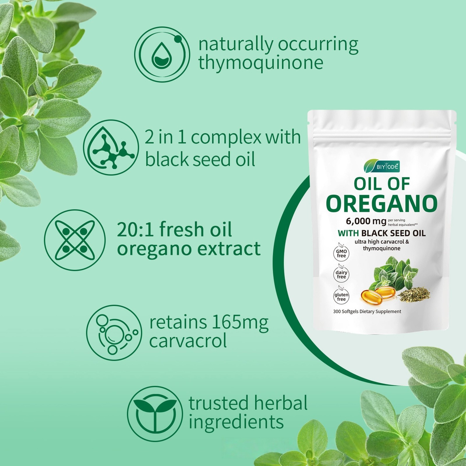Oil of Oregano 300 Softgels with Black Seed Oil – 6000mg Oregano Oil Strength