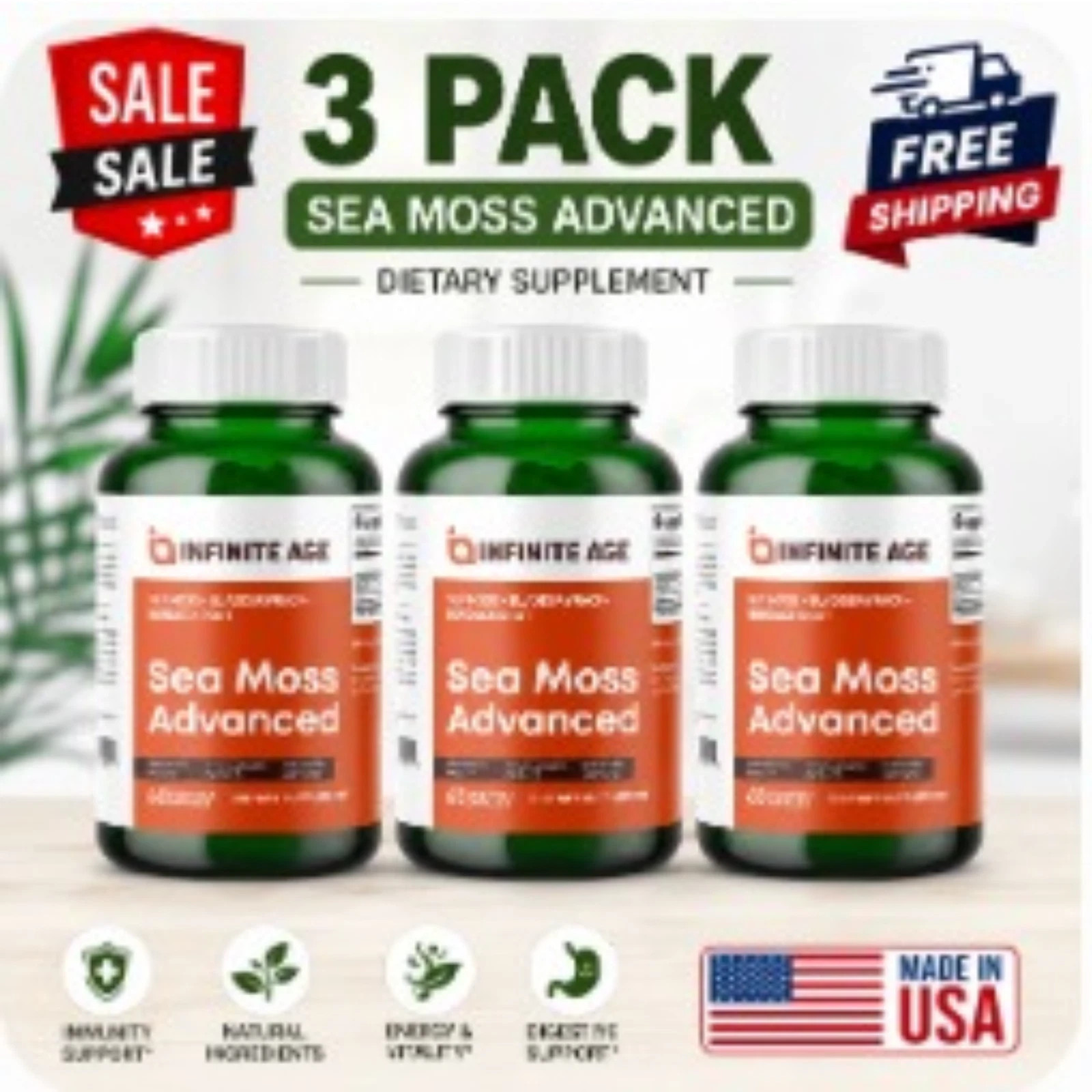 3 Pack INFINITE AGE Sea Moss Advanced 1250mg Superfood, High-Potency 60 Capsules