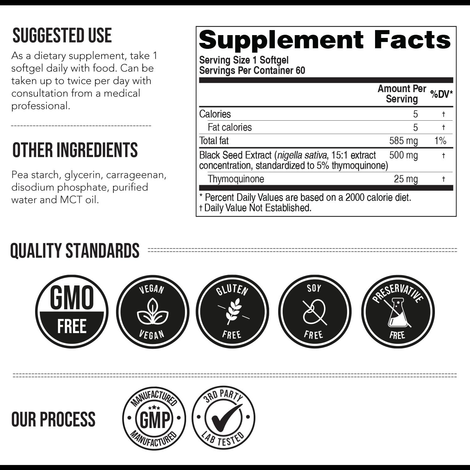 High Potency Black Seed Oil Softgels 500mg | 5% Thymoquinone | Vegan, 60 Count