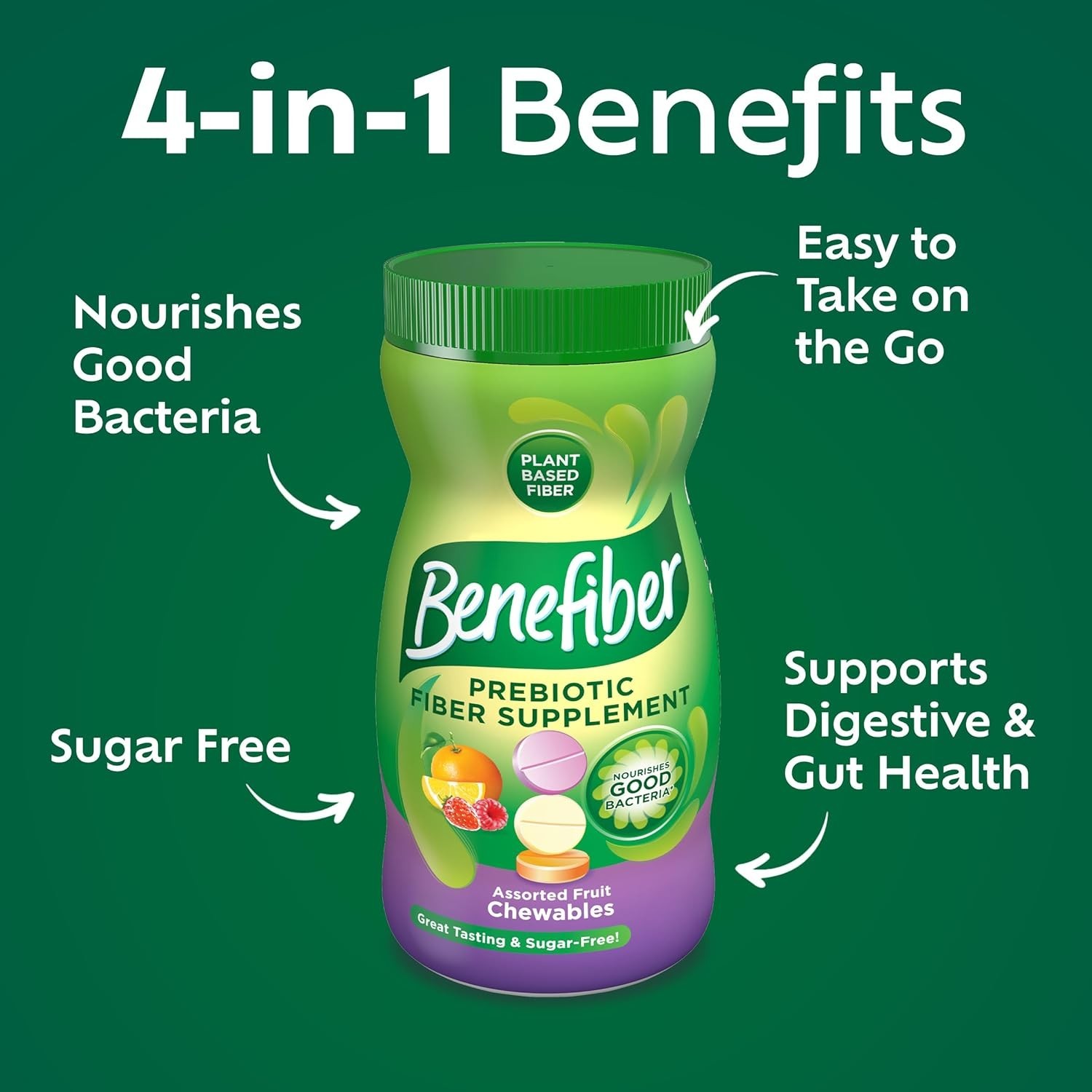 Chewable Prebiotic Fiber Supplement Tablets for Digestive Health, Assorted Fruit