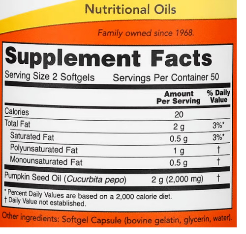 Pumpkin Seed Oil 1000mg Phytosterols 3X100gels Now Foods 2000mg per 2 Caps