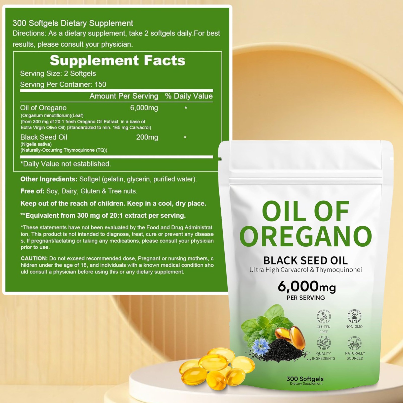 Oil of Oregano Softgels with Black Seed Oil & Thymoquinone, 300 Count, 6000mg, N